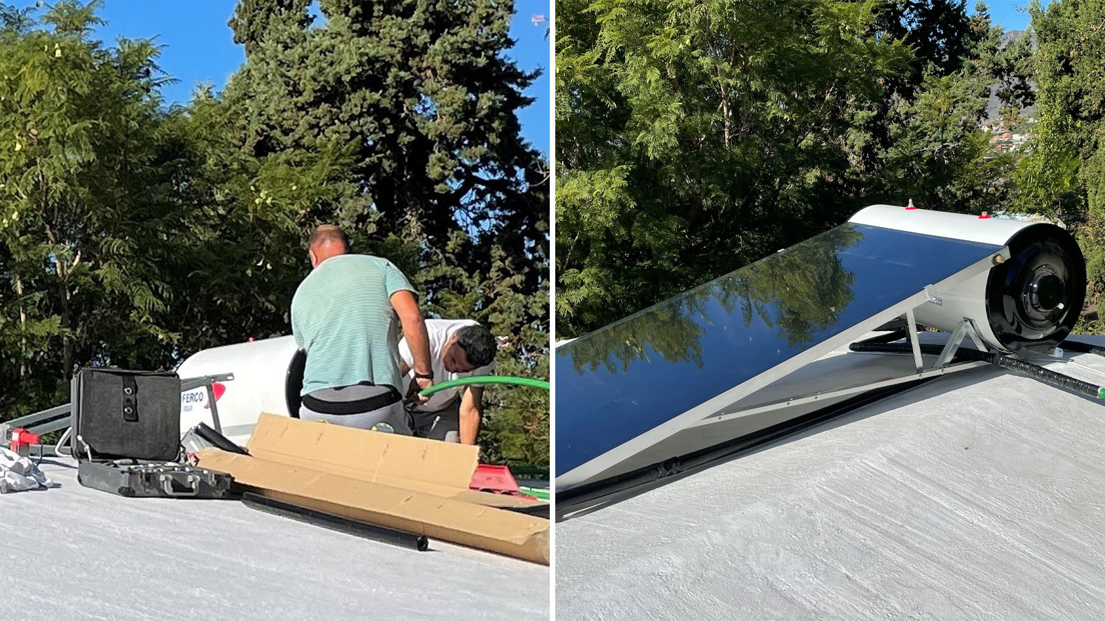 Haco en Carlos installeren de zonneboiler van 250 liter op het dak